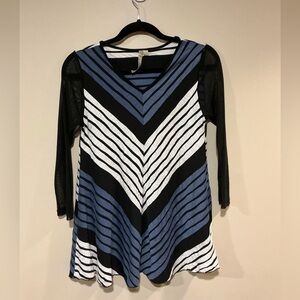 Blue, Black and White Striped V Neck Blouse